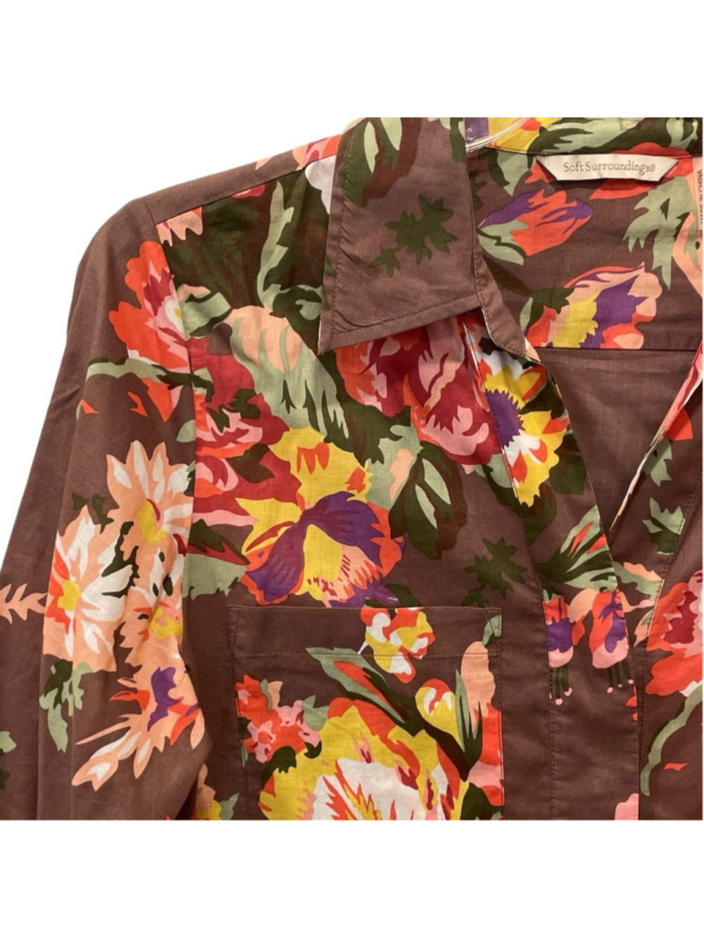 Soft Surroundings Womens Size Large Brown Floral Tunic Top Button Front Pockets - Picture 7 of 15